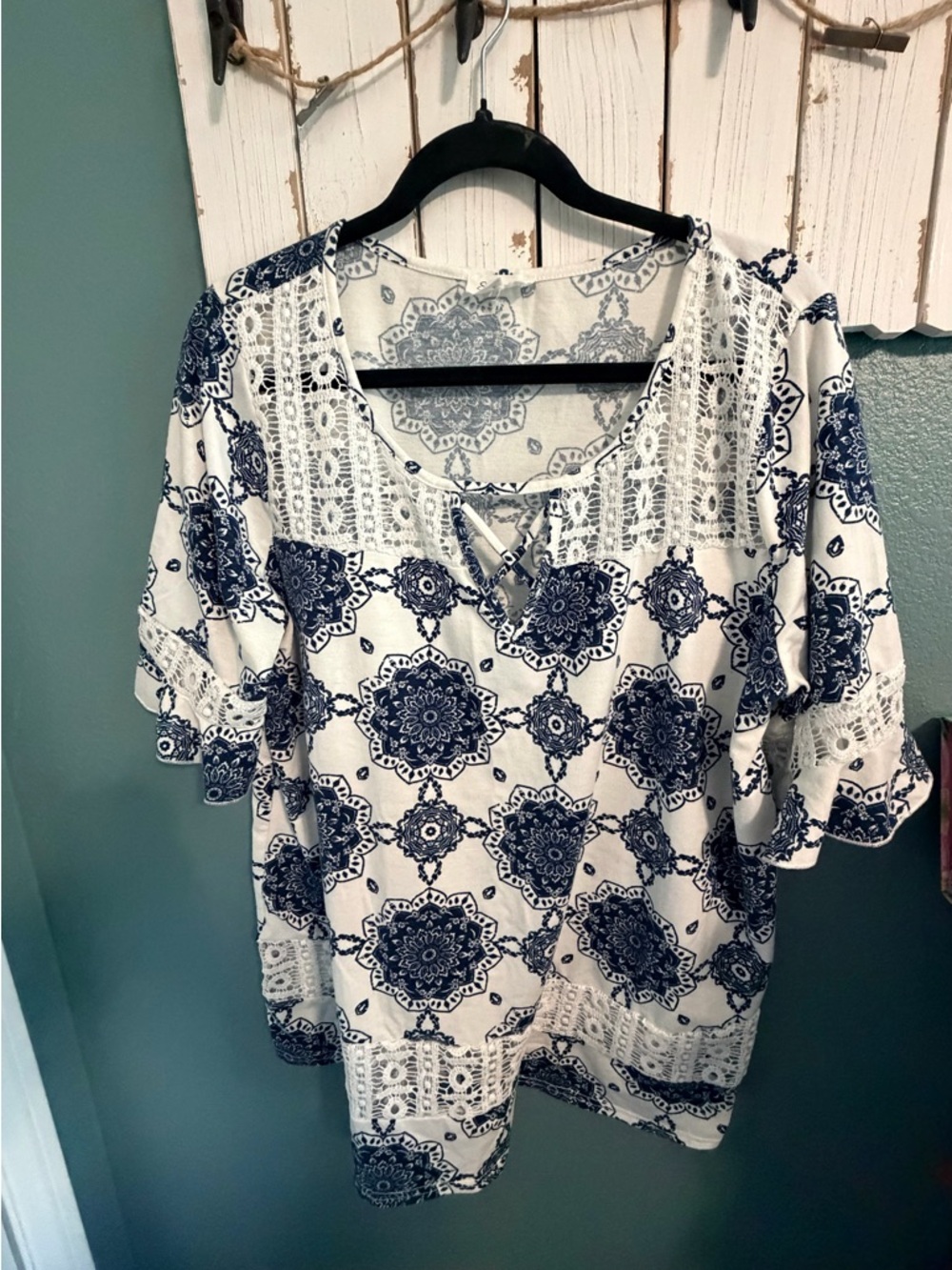 Siren Lily White Tunic with Navy Medallion Print & Lace Trim